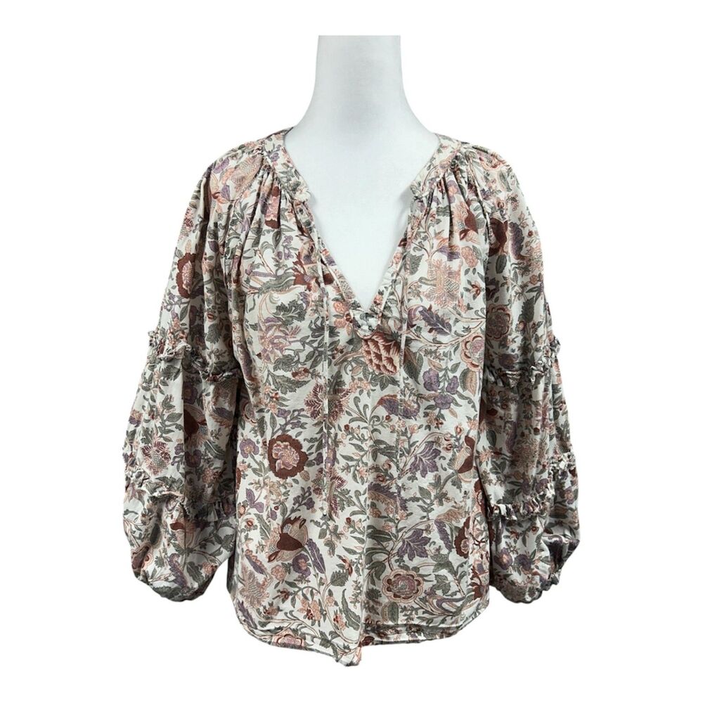 Love the Label Botanical Floral Peasant Puff Sleeve V Neck Blouse Sz XS